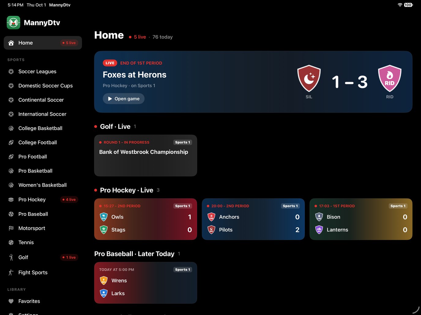 MannyDtv on iPad with the sports sidebar and live scores