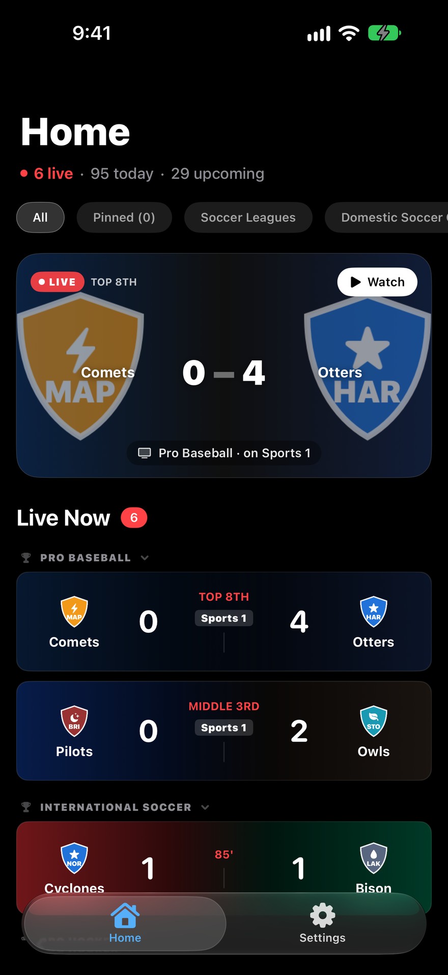 MannyDtv home screen on iPhone showing live scores