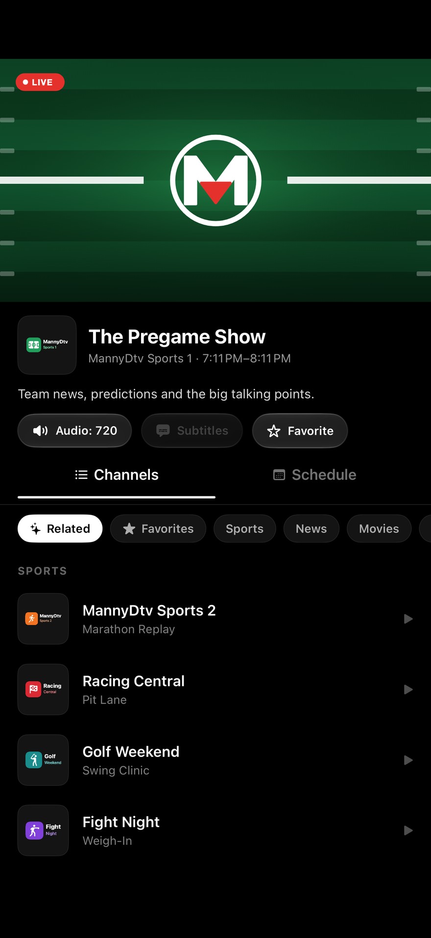 MannyDtv player on iPhone with the channel list below the video