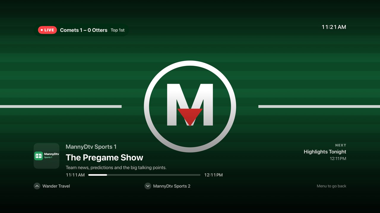 MannyDtv Apple TV player with the live score overlay